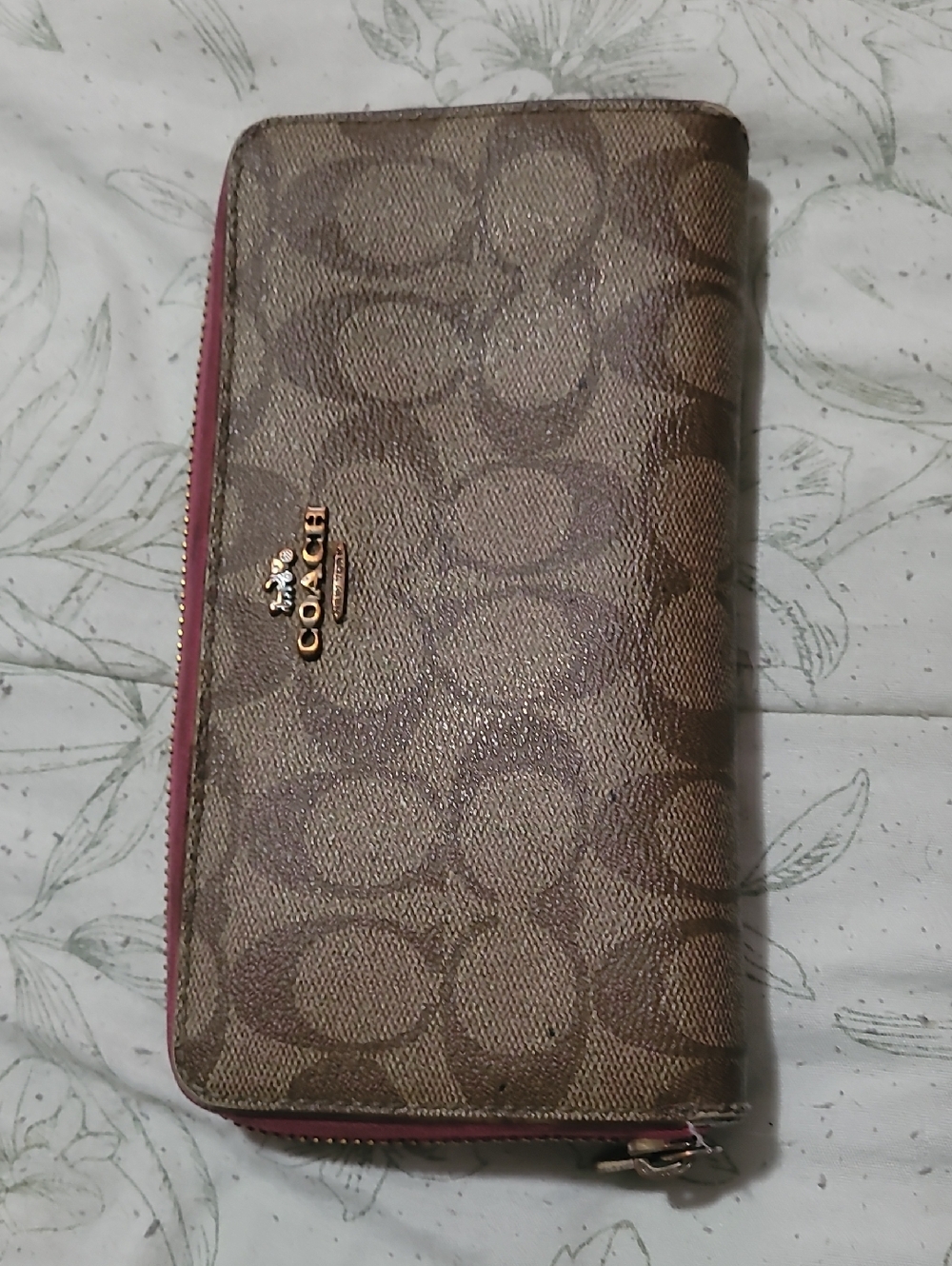 Coach Brown Signature Zip Wallet with Pink Trim